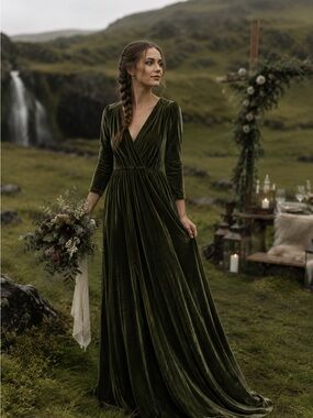 Baltic Born Olive Green Velvet Maxi Dress Empire Waist Long Sleeve Gown XS